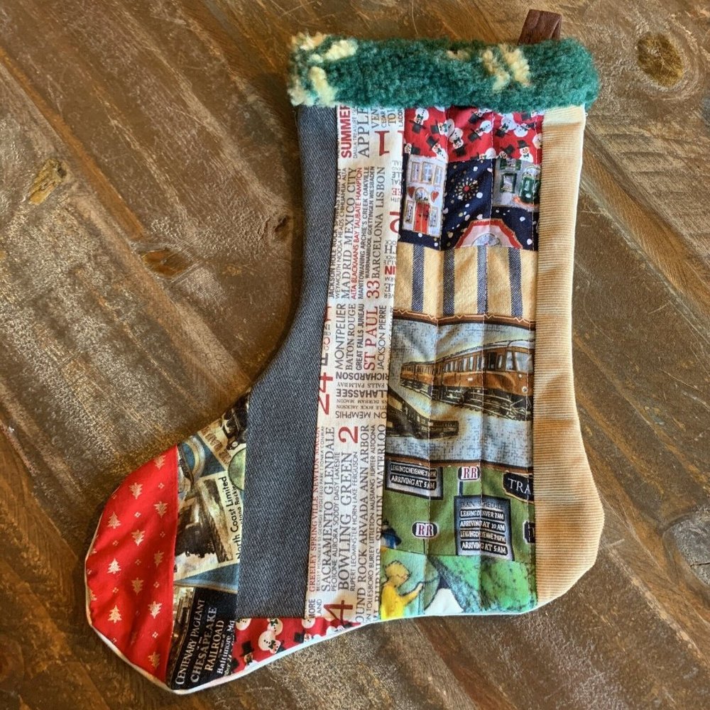 Christmas Stocking‎ Quilted Patchwork Fabric Train Travel NEW 15” Handmade